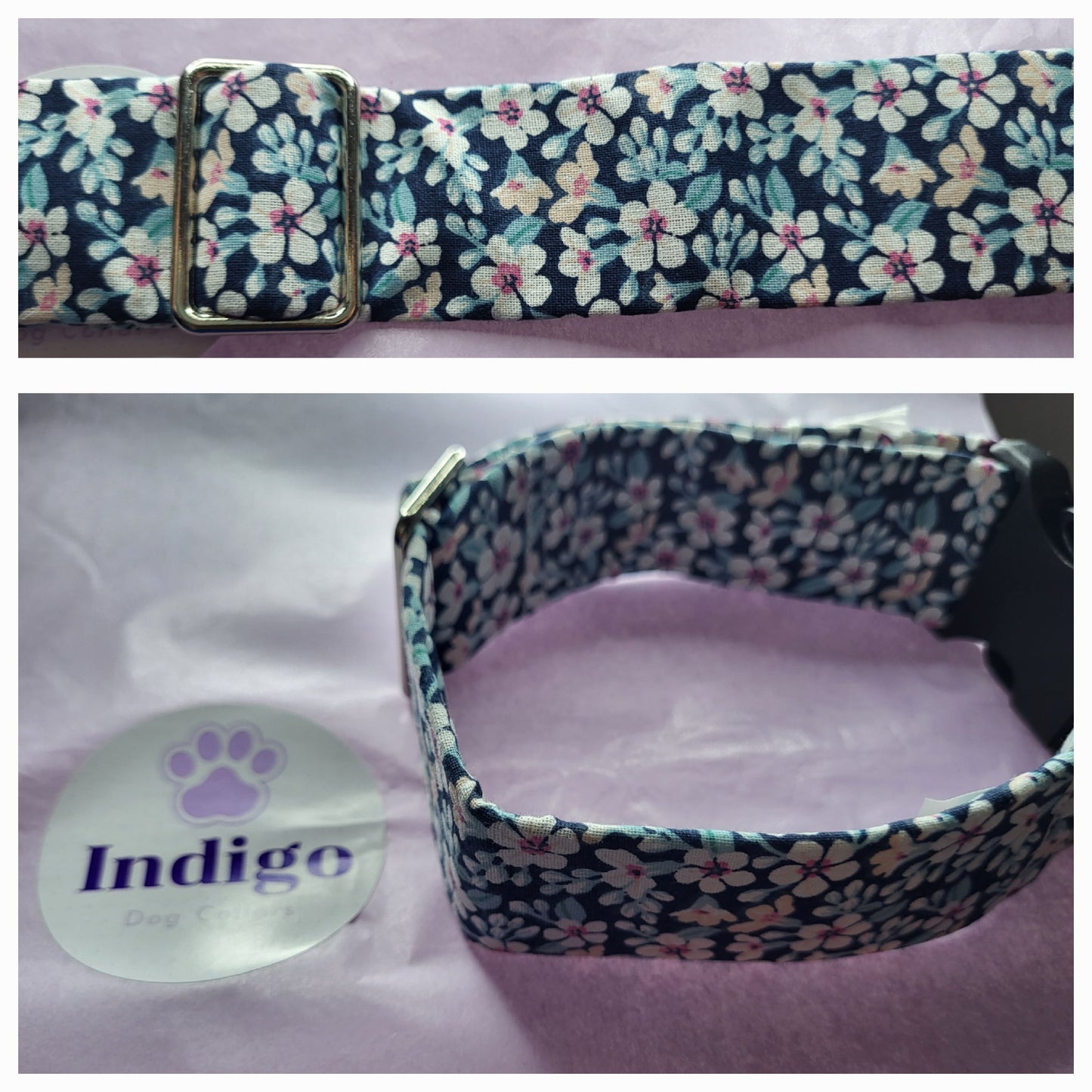 navy and white floral design collar