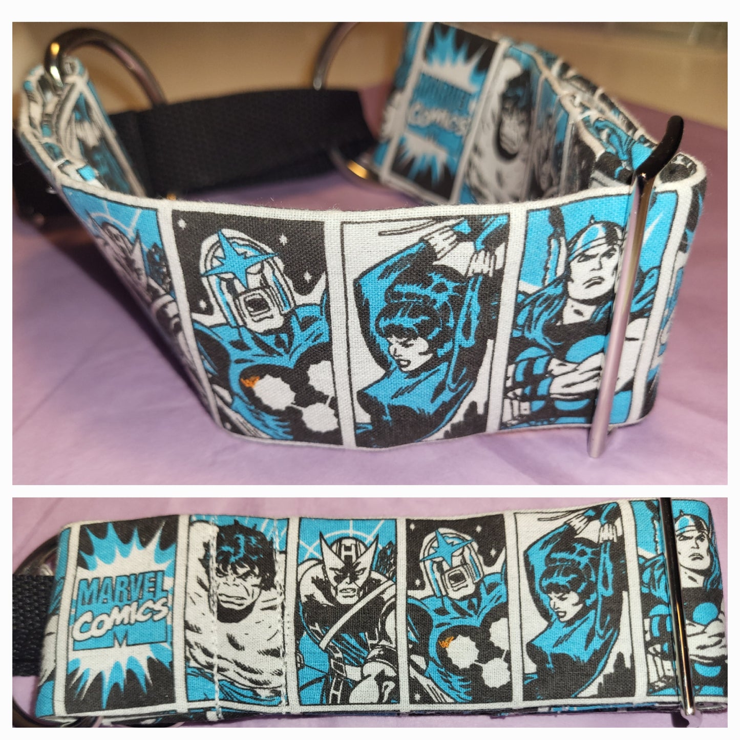 Marvel Martingale in light blue and white comic strip.