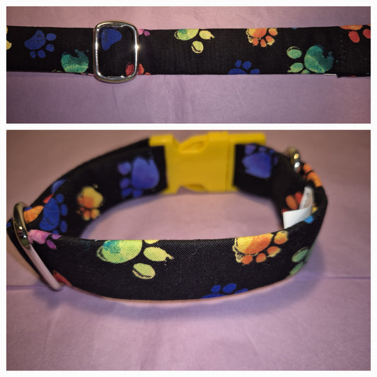 Black collar with multicoloured pawprints