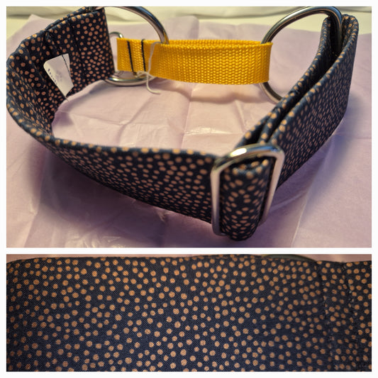 Dark blue background with rose gold polkadots martingale